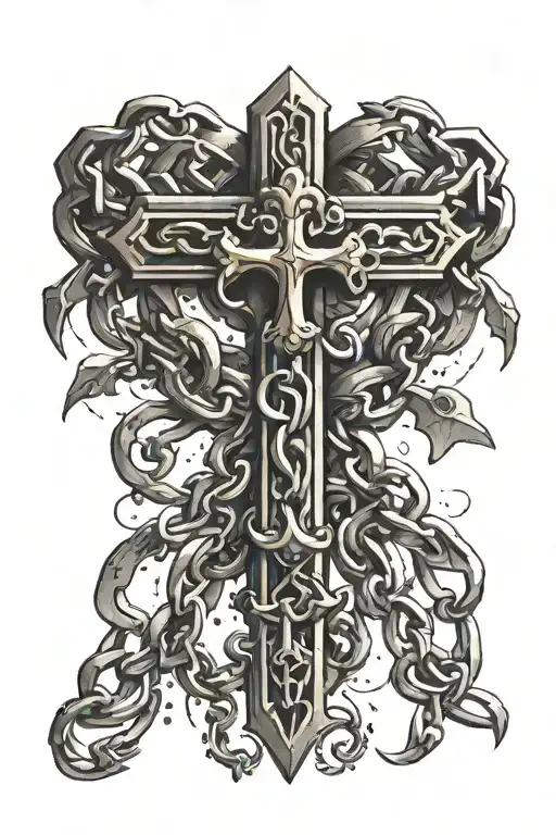 chain forearm tattoo that has a cross intertwined that has charms dangling off of it tattoo design idea