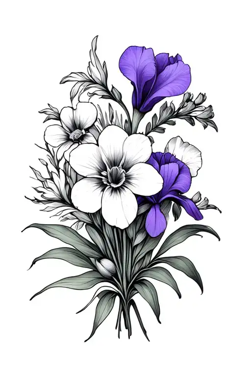 flower bouquet with violet, primrose and iris flowers tattoo design idea