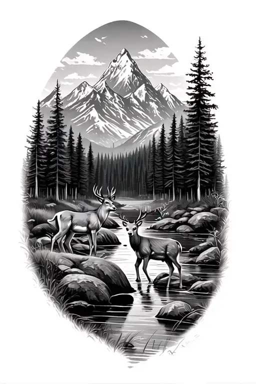 distant mountains with a stream running through a forest with a male deer and female deer and baby deer drinking from it tattoo design idea