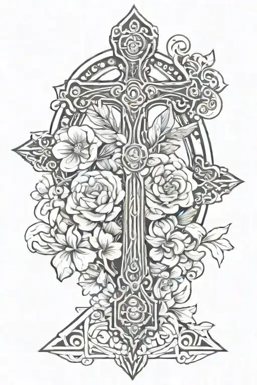 motorcycle, Thor's hammer, Nordic cross, angel, carnation flowers tattoo design idea