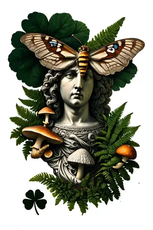 a full tattoo sleeve with a moth, ferns, mushrooms, playing cards, roman face statue, roman angel, leaf clover and irela tattoo design idea