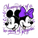 In memory of majestic with mickey and Minnie's head outline with purple writing and bows  tattoo design idea