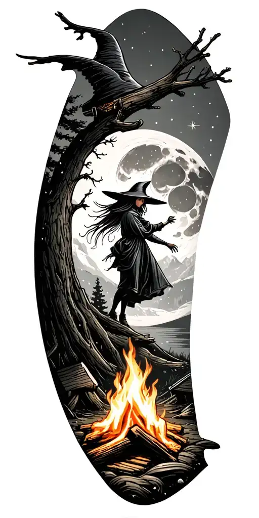 puzzle piece, camping, flying witch, moon, campfire tattoo design idea