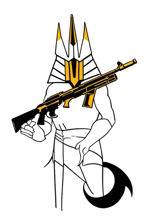 Anubis color tattoo with a Kalashnikov automaton in his hands tattoo design idea