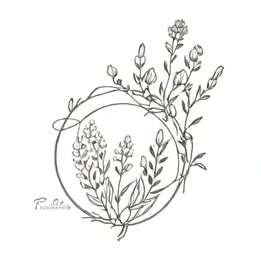 circle with flowers at the bottom of harebell, lupine flower, indian paintbrush, and fireweed tattoo design idea