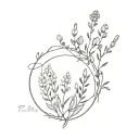 circle with flowers at the bottom of harebell, lupine flower, indian paintbrush, and fireweed tattoo design idea