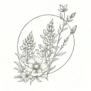 circle with flowers at the bottom of harebell, lupine flower, indian paintbrush, and fireweed tattoo design idea