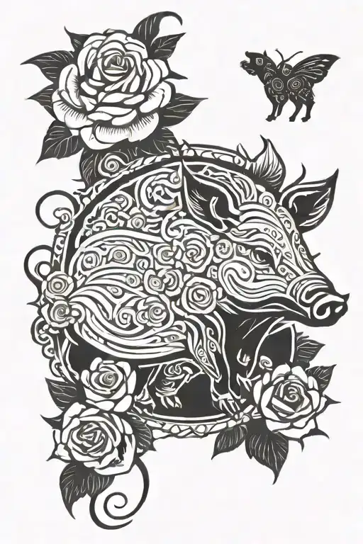 wild hog with roses tattoo design idea