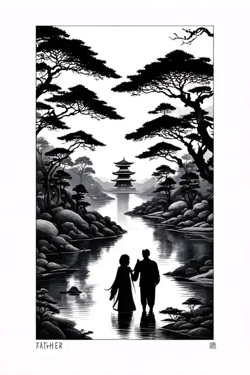 japanese style landscape,winding river lined with trees, temple in the background, father son and wife by the river tattoo design idea