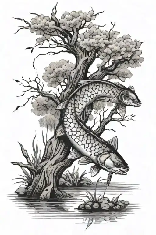 carp fishing scene with a willow tree tattoo design idea