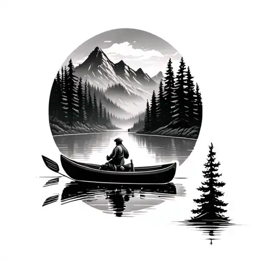canoe in foggy forested pacific northwest mountains tattoo design idea