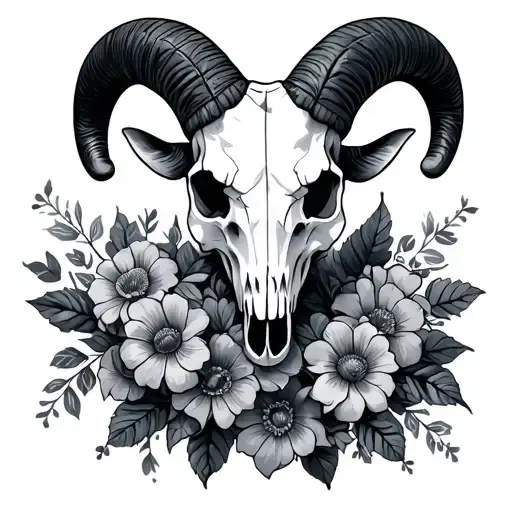 "Corrie " Ram Skull with Flowers tattoo design idea