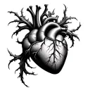 Create a black and gray realistic tattoo-style illustration. Central focus is a floating anatomical heart — but instead  tattoo design idea