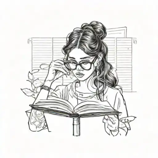 girl with long black hair and 00 gaged earrings and glasses reading book that covers face tattoo design idea