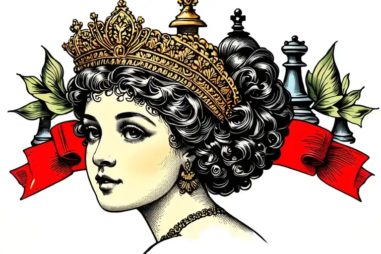 chess queen woman side profile traditional lady head tattoo design idea