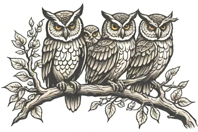 owls sitting on a branch tattoo design idea