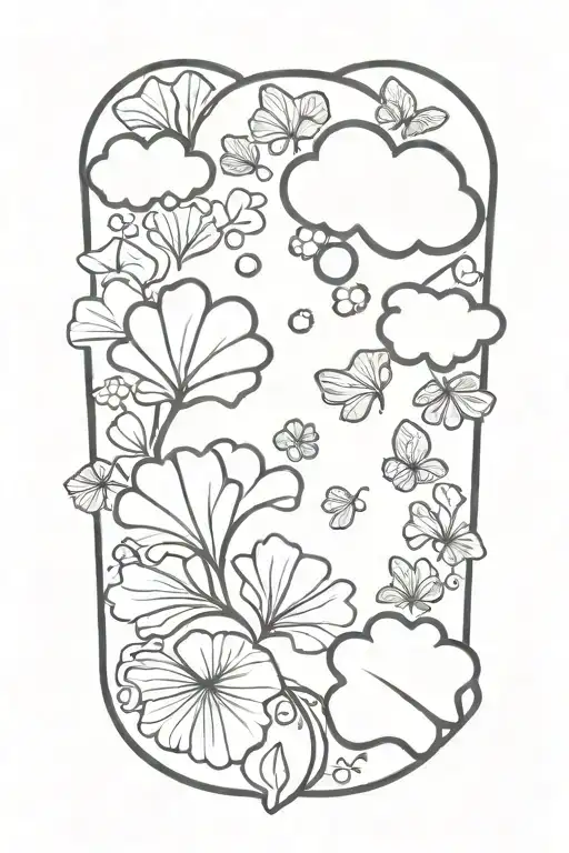clouds, crystals, dog paw print, ginko leaves tattoo design idea