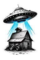 small ufo with blue beam over dilapidated barn and tractor tattoo design idea