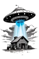 small ufo with blue beam over dilapidated barn and tractor tattoo design idea