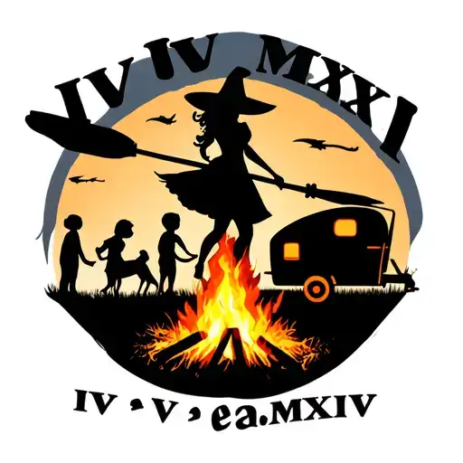"IV V MMXIV" silhouette of busty sexy witch bride on broomstick over a campsite with a trailer and campfire with children & dog tattoo design idea