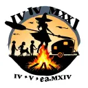 "IV V MMXIV" silhouette of busty sexy witch bride on broomstick over a campsite with a trailer and campfire with children & dog tattoo design idea