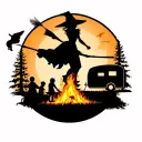 "IV V MMXIV" silhouette of busty sexy witch bride on broomstick over a campsite with a trailer and campfire with children & dog tattoo design idea