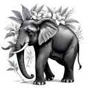 trunk up elephant surrounded my tropical flowers tattoo design idea