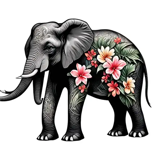 trunk up elephant surrounded my tropical flowers tattoo design idea