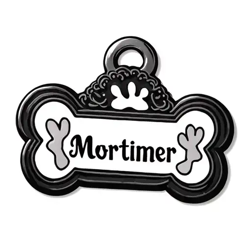 dogs name tag in shape of a bone with his name "Mortimer" in the middle  tattoo design idea