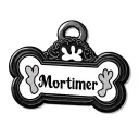 dogs name tag in shape of a bone with his name "Mortimer" in the middle  tattoo design idea