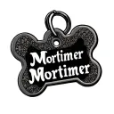 dogs name tag in shape of a bone with his name "Mortimer" in the middle  tattoo design idea