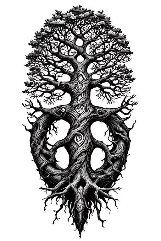 Norse Yggdrasil tree entwined tattoo design idea