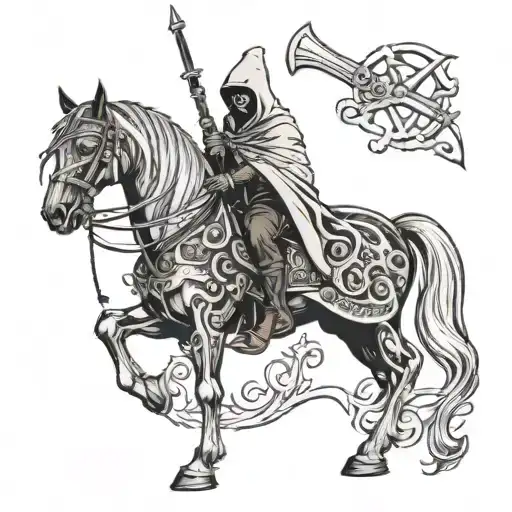 Pale cloaked reaper on undead black horse holding a glaive  tattoo design idea