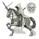Pale cloaked reaper on undead black horse holding a glaive  tattoo design idea