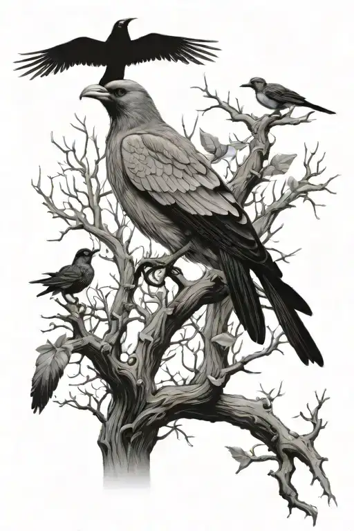 dead tree with doves a crow perched  and two spiders  tattoo design idea