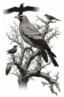 dead tree with doves a crow perched  and two spiders  tattoo design idea