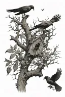 dead tree with doves a crow perched  and two spiders  tattoo design idea
