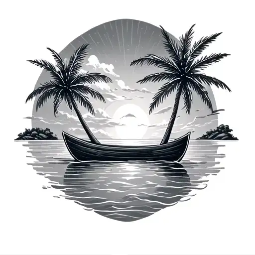shore palm trees ocean clouds sun rays woth empty rowboat tattoo design idea