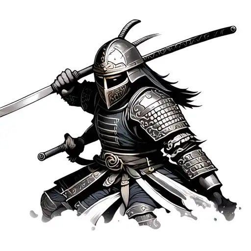 a samurai in samurai armor, with armor, in a samurai helmet, in a mask, slightly turned sideways in a dynamic pose, he i tattoo design idea