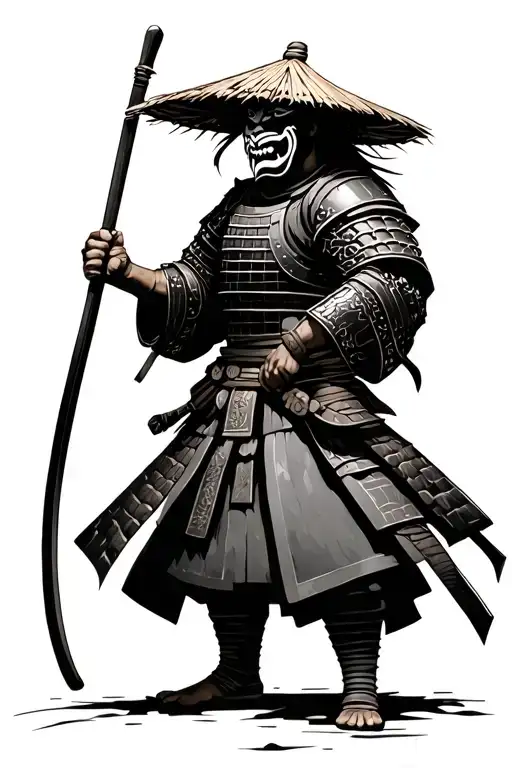 full body samurai in traditional armor wearing a straw hat head tilted down and an oni mask tattoo design idea