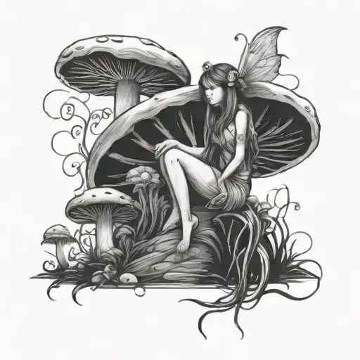fairy sitting on a mushroom tattoo design idea