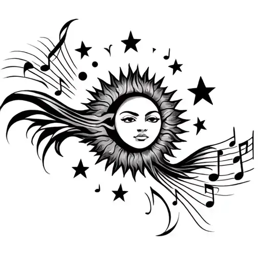 Filipino sun and stars surrounded by music notes and stars tattoo design idea