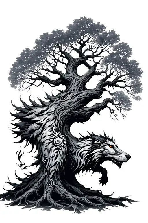 Hel Fenrir Jormungander Yggdrasil tree with nordic tattoo design idea