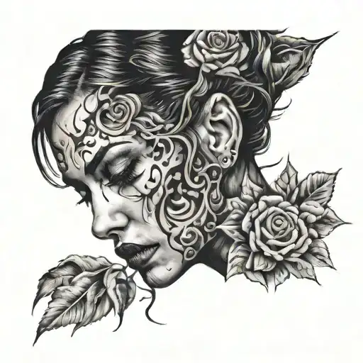 blurry mind woman face tattoo design black background tattoo design idea