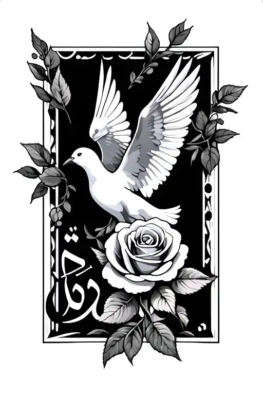 message to dad with a dove and rose with Arabic letters  tattoo design idea