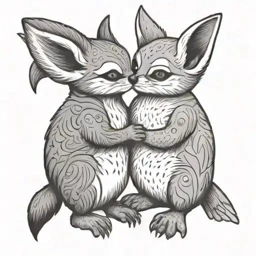 fennec fox and penguin hugging each other tattoo design idea