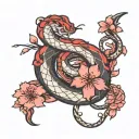 2 snakes (red and black) wrapped around a dagger with cherry blossom flowers around it tattoo design idea