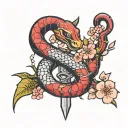 2 snakes (red and black) wrapped around a dagger with cherry blossom flowers around it tattoo design idea