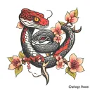 2 snakes (red and black) wrapped around a dagger with cherry blossom flowers around it tattoo design idea
