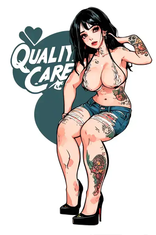 "Quality Care" "Quality Care" anime pinup girl, skimpy ripped clothes, jean shorts bent over, high heels, perky sweaty tattoo design idea